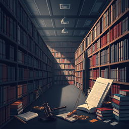 An artistic illustration depicting a university library with a law theme