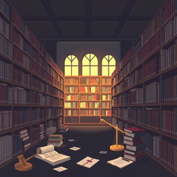 An artistic illustration depicting a university library with a law theme