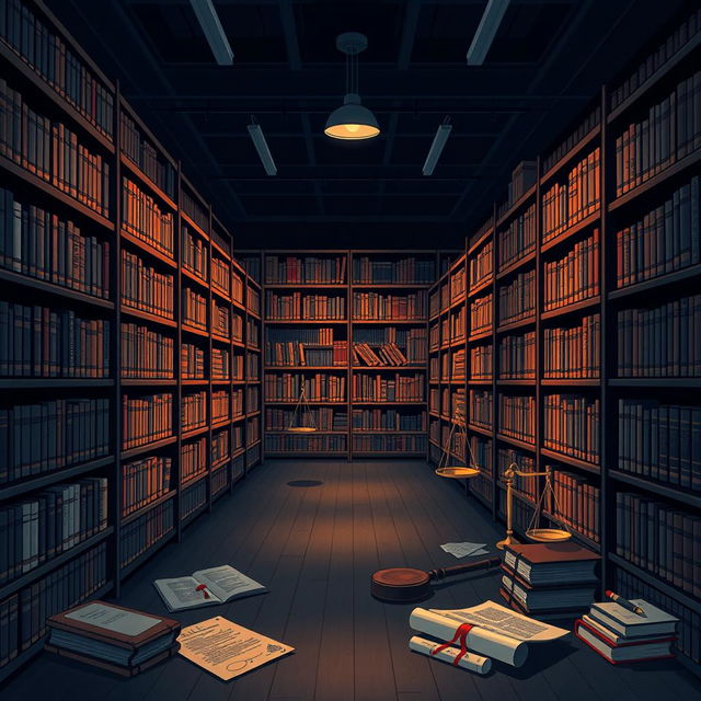 An artistic illustration depicting a university library with a law theme