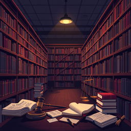 An artistic illustration depicting a university library with a law theme