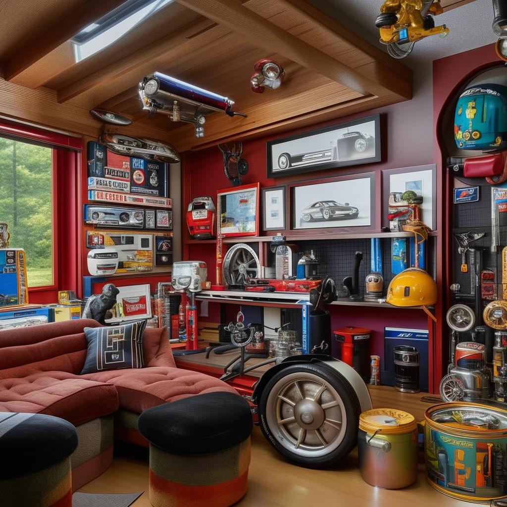 An interior view of a house designed for a car enthusiast, showcasing car-themed furniture, decoration, and a wide array of automotive memorabilia on display.