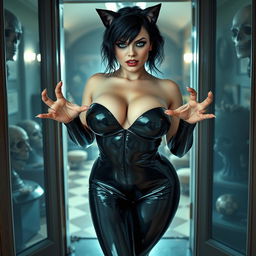 A full length photographic image of a curvy, beautiful, stunning 19 year old woman with pale skin and thick black hair