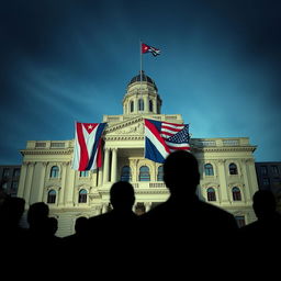 An imposing Cuban government building adorned with both the Cuban and American flags, symbolizing the complex relationship and restricted independence