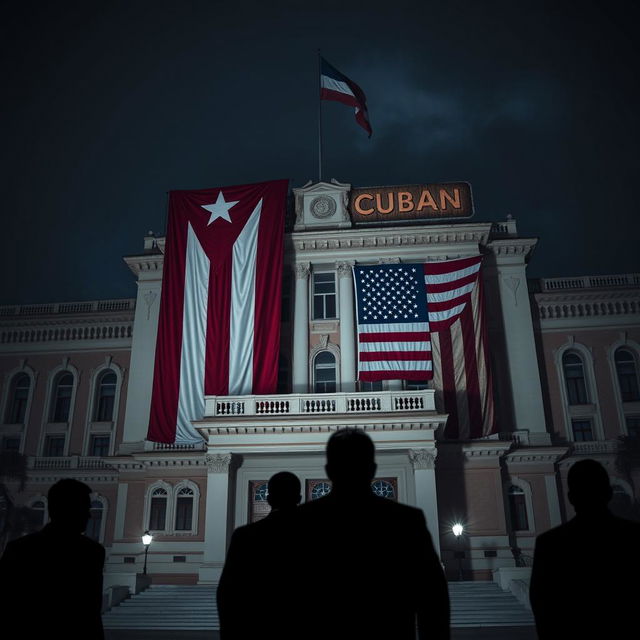 An imposing Cuban government building adorned with both the Cuban and American flags, symbolizing the complex relationship and restricted independence