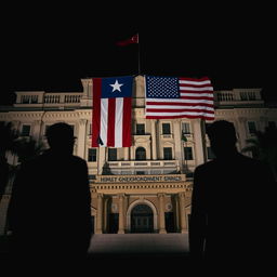 An imposing Cuban government building adorned with both the Cuban and American flags, symbolizing the complex relationship and restricted independence