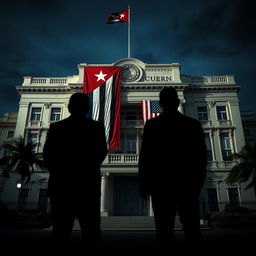 An imposing Cuban government building adorned with both the Cuban and American flags, symbolizing the complex relationship and restricted independence