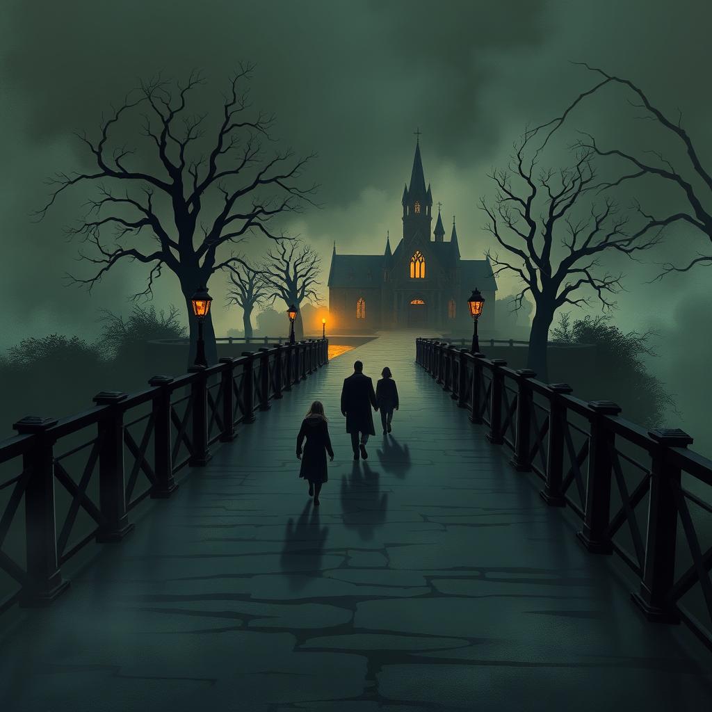 An illustrator's design theme featuring an intriguing bridge leading to a mysterious village of justice