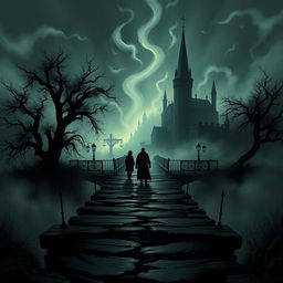 An illustrator's design theme featuring an intriguing bridge leading to a mysterious village of justice