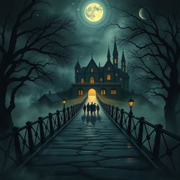 An illustrator's design theme featuring an intriguing bridge leading to a mysterious village of justice