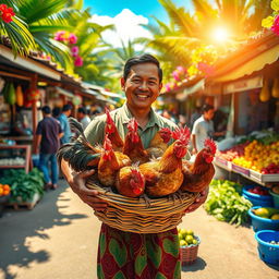 A vibrant scene in the Philippines depicting a man carrying a basket full of colorful chickens