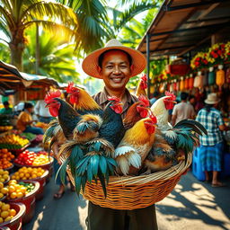 A vibrant scene in the Philippines depicting a man carrying a basket full of colorful chickens