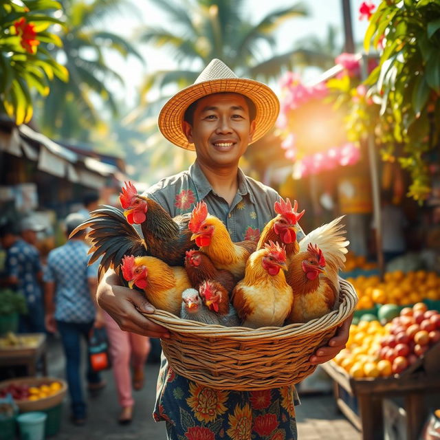 A vibrant scene in the Philippines depicting a man carrying a basket full of colorful chickens