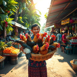 A vibrant scene in the Philippines depicting a man carrying a basket full of colorful chickens