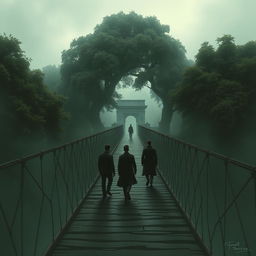 An intricate bridge leading to the mysterious village of justice, enveloped by lush, dense trees