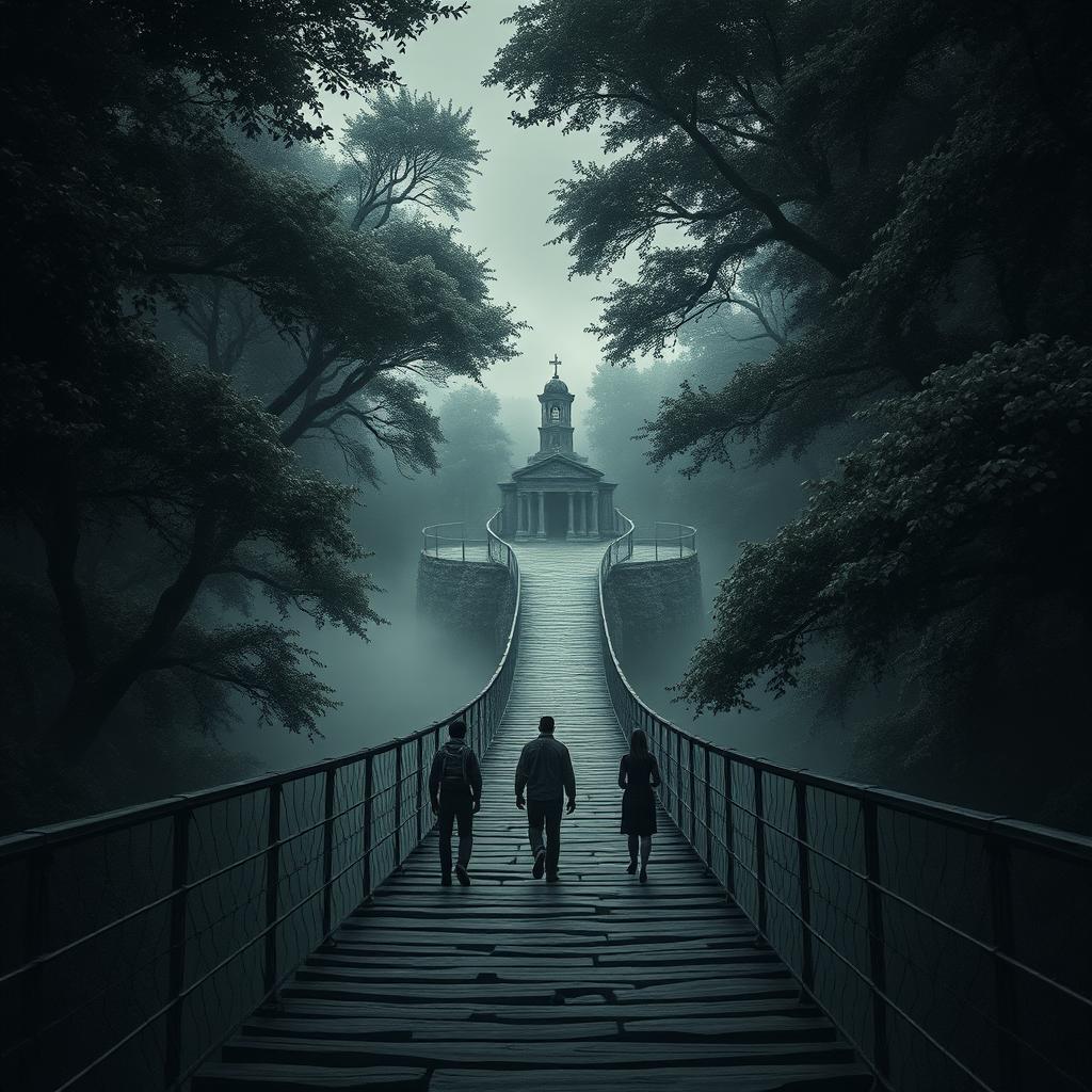 An intricate bridge leading to the mysterious village of justice, enveloped by lush, dense trees