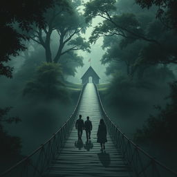 An intricate bridge leading to the mysterious village of justice, enveloped by lush, dense trees
