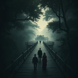 An intricate bridge leading to the mysterious village of justice, enveloped by lush, dense trees