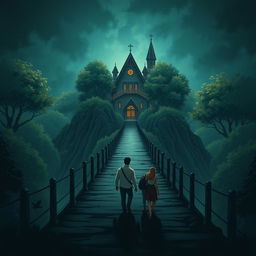 An illustrator design featuring an intriguing bridge leading to a mysterious village of justice, surrounded by lush trees