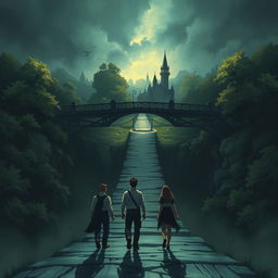 An illustrator design featuring an intriguing bridge leading to a mysterious village of justice, surrounded by lush trees