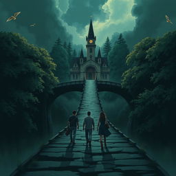 An illustrator design featuring an intriguing bridge leading to a mysterious village of justice, surrounded by lush trees