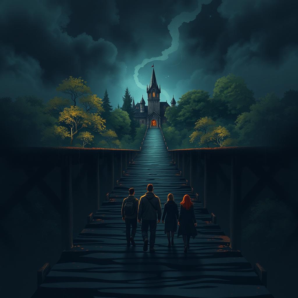 An illustrator design featuring an intriguing bridge leading to a mysterious village of justice, surrounded by lush trees