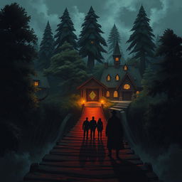 A dark and mysterious illustration featuring an intrigue bridge leading to a mystical village of law, surrounded by lush, towering trees