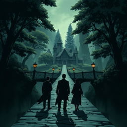 A dark and mysterious illustration featuring an intrigue bridge leading to a mystical village of law, surrounded by lush, towering trees