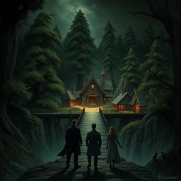 A dark and mysterious illustration featuring an intrigue bridge leading to a mystical village of law, surrounded by lush, towering trees