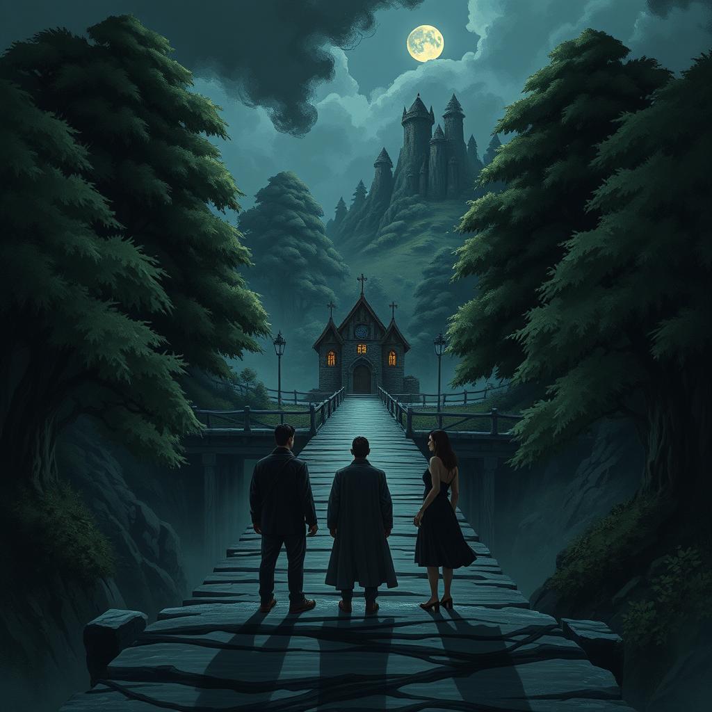 A dark and mysterious illustration featuring an intrigue bridge leading to a mystical village of law, surrounded by lush, towering trees