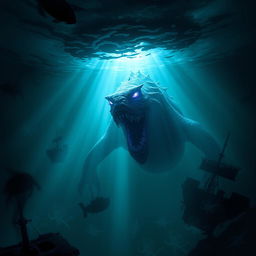 A dark and ominous underwater scene featuring an ancient, terrifying sea creature emerging from the depths
