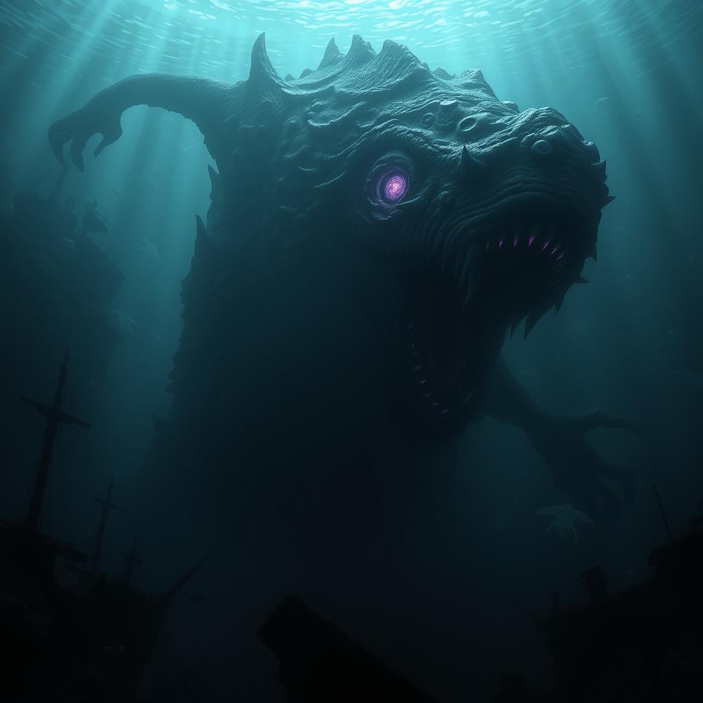 A dark and ominous underwater scene featuring an ancient, terrifying sea creature emerging from the depths