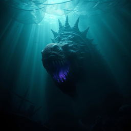 A dark and ominous underwater scene featuring an ancient, terrifying sea creature emerging from the depths