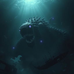 A dark and ominous underwater scene featuring an ancient, terrifying sea creature emerging from the depths