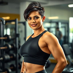 A strong Indian woman with a stylish pixie haircut, showcasing her toned physique in a modern gym setting