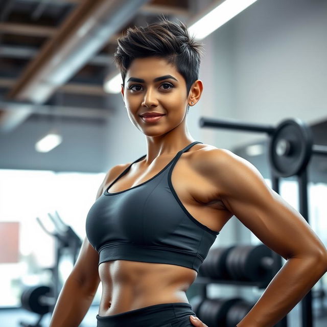 A strong Indian woman with a stylish pixie haircut, showcasing her toned physique in a modern gym setting