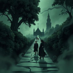 An illustration featuring an intriguing bridge leading to the mysterious village of justice