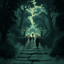 An illustration featuring an intriguing bridge leading to the mysterious village of justice