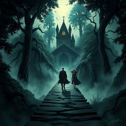 An illustration featuring an intriguing bridge leading to the mysterious village of justice
