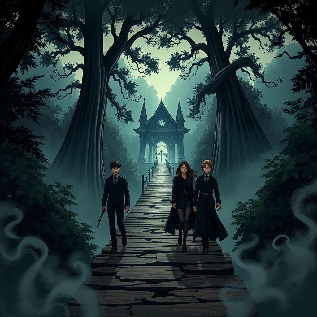An illustration featuring an intriguing bridge leading to the mysterious village of justice