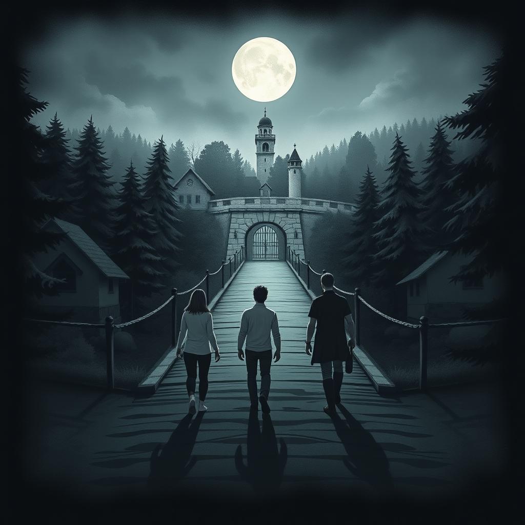 An illustration design featuring an intriguing bridge leading to a mysterious village representing 'law' and 'justice'
