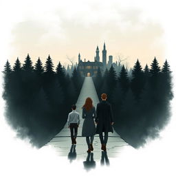 An illustration design featuring an intriguing bridge leading to a mysterious village representing 'law' and 'justice'