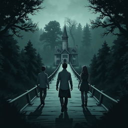 An illustration design featuring an intriguing bridge leading to a mysterious village representing 'law' and 'justice'