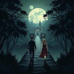 An illustration design featuring an intriguing bridge leading to a mysterious village representing 'law' and 'justice'