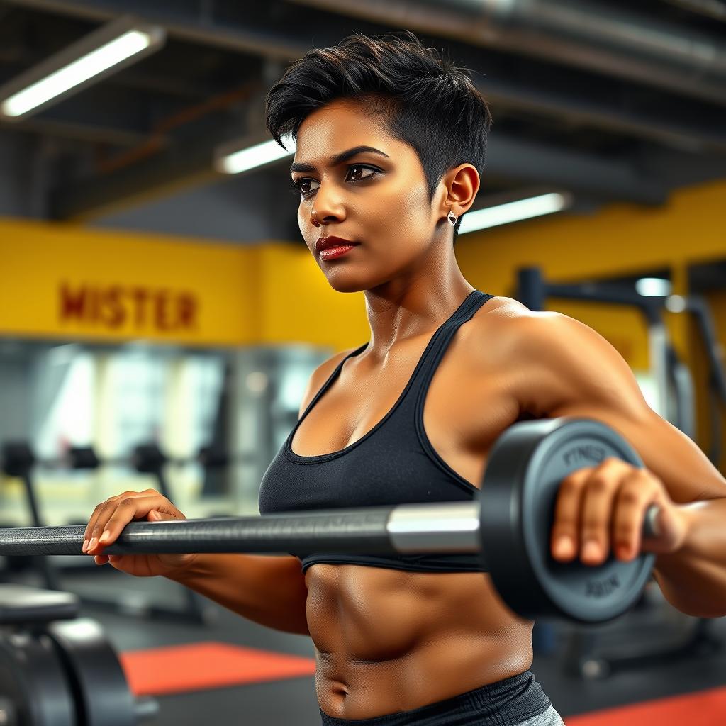 A 30-year-old Tamil woman with short hair, intensely focused while working out in a modern gym