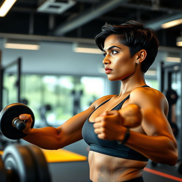 A 30-year-old Tamil woman with short hair, intensely focused while working out in a modern gym