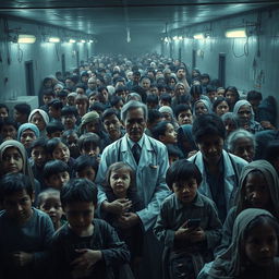 A grim depiction of an overcrowded hospital filled with sick children and elderly people anxiously waiting for treatment