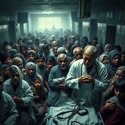A grim depiction of an overcrowded hospital filled with sick children and elderly people anxiously waiting for treatment