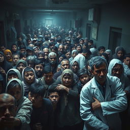 A grim depiction of an overcrowded hospital filled with sick children and elderly people anxiously waiting for treatment