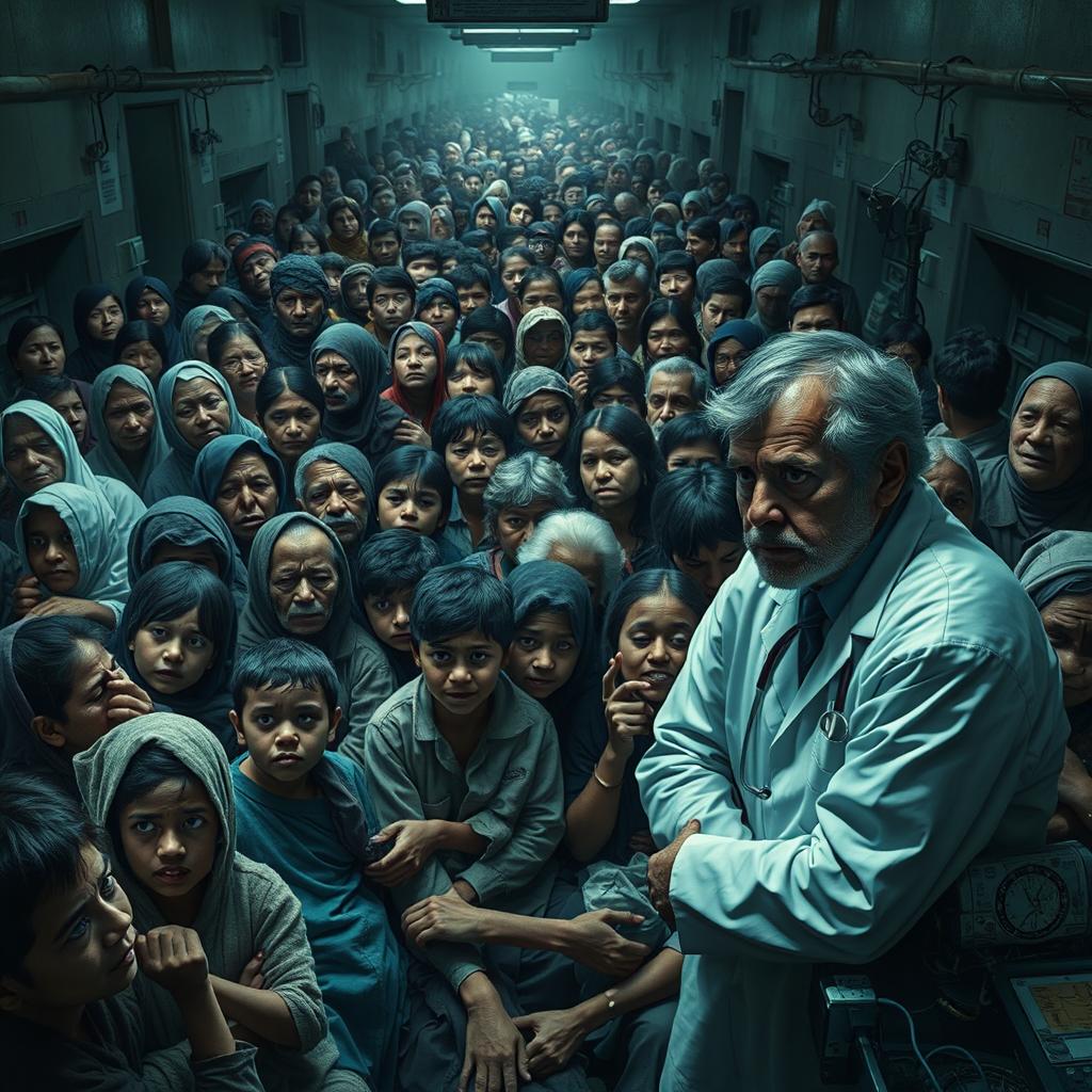 A grim depiction of an overcrowded hospital filled with sick children and elderly people anxiously waiting for treatment