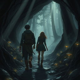 Three characters (two men and one woman) walking back-to-back, traversing through a mysterious cave in the forest